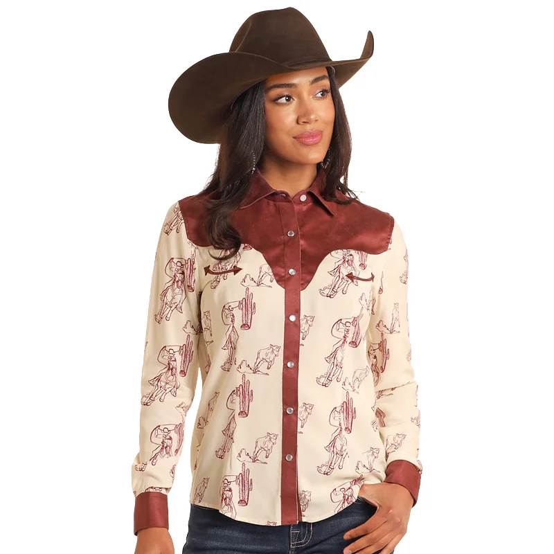 Rock & Roll Denim Ladies Retro Western Eggshell Button Down Shirt LWN2S05148-- Nylon Fabric Polyester Fabric Spandex Fabric