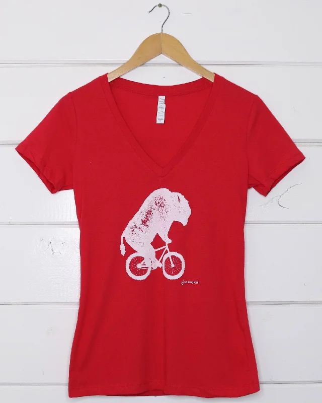 Bison V-Neck Slim Women's T-Shirt-- Spandex Blend Rayon Blend Denim Blend