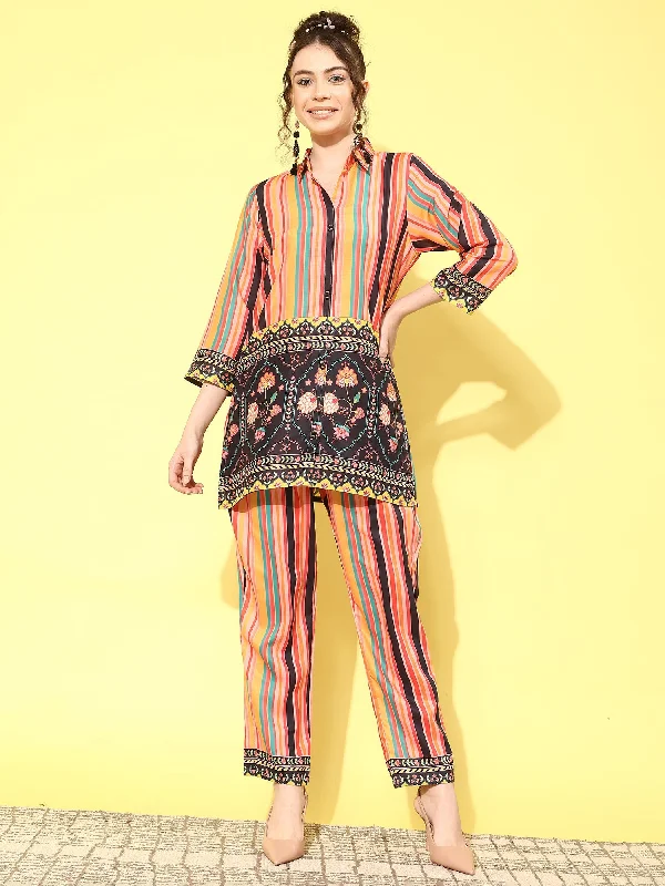 Women Printed Shirt With Trousers Co-Ords - Taantav-- V-Neck T-Shirt Long Sleeve Cotton