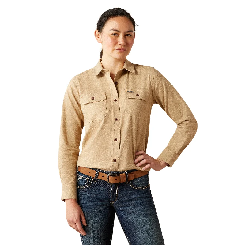 Ariat Ladies Rebar Flannel Oatmeal Heather Button Down Shirt 10052943-- Ribbed T-Shirt High Neck Heavyweight