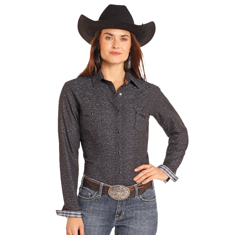 Panhandle Ladies Novelty Dobby Solid Black Snap Shirt RWN2S03192-- Notch Collar Peter Pan Collar Cowl Neck