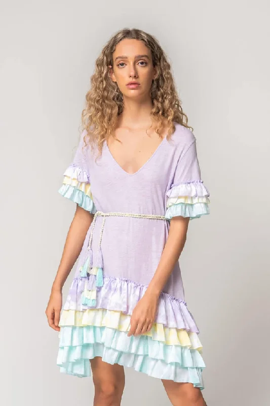 Bohemian Ruffle Dress Lilac - Ruffle Sleeve T-Shirt Dress Tulip-- Spandex Blend Rayon Blend Denim Blend