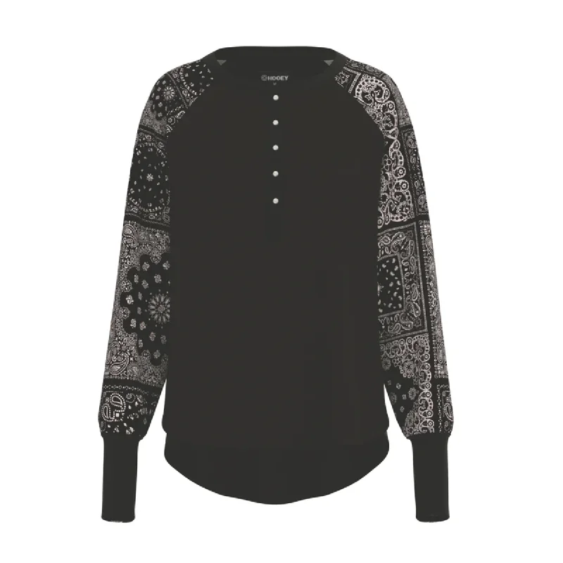 Hooey Ladies "Henley" Black Bandana Thermal Long Sleeve Shirt HT1692BKWH-- Front Pockets Side Pockets Patch Pockets