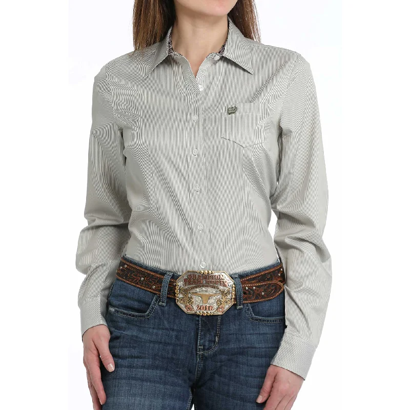 Cinch Ladies Pinstripe Olive Green Button Down Shirt MSW9164233-- Layered Multi-layer Single Layer