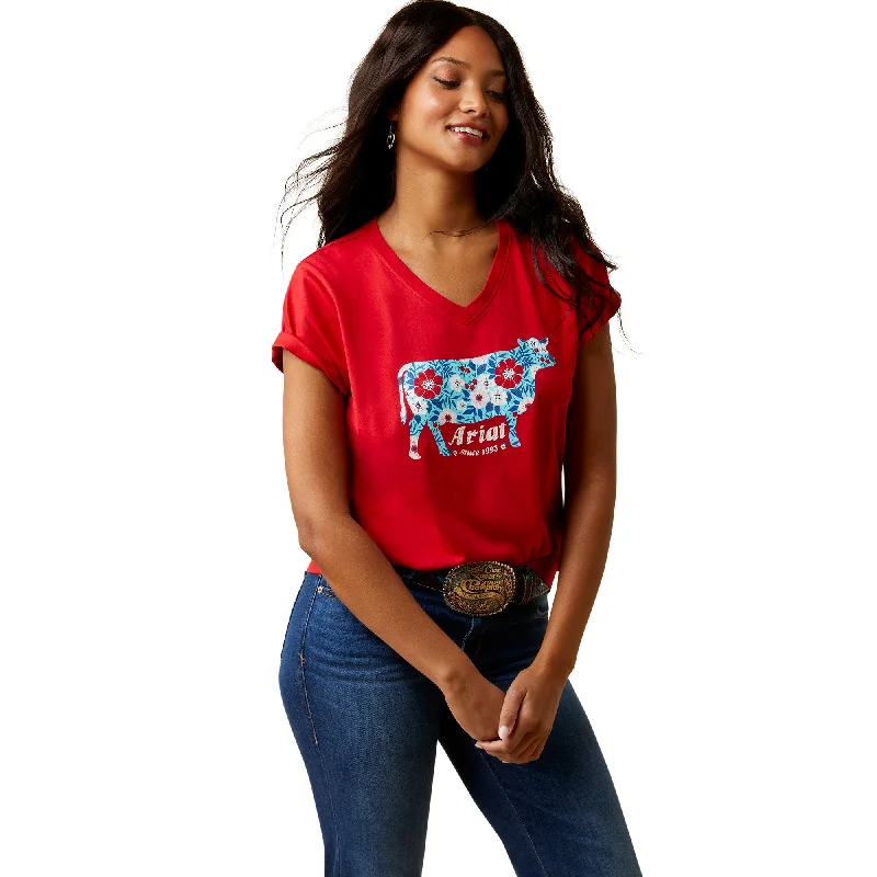 Ariat® Ladies Floral Cow Print Equestrian Red T-Shirt 10045086 -- Basic T-Shirt Crew Neck Short Sleeve