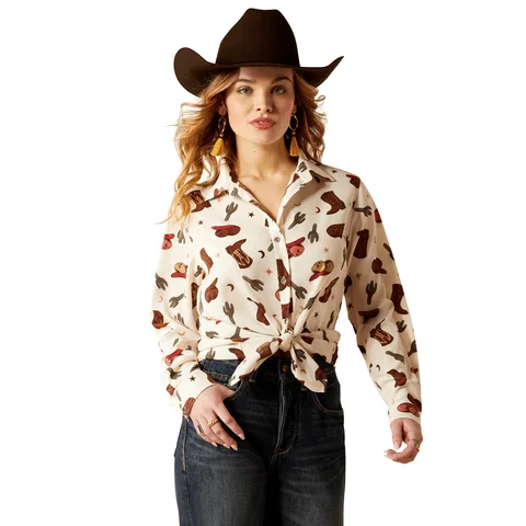 Ariat Women's Homestyle Western Cowgirl Print Long Sleeve Shirt-- Fitted T-Shirt Seamless Stretchy