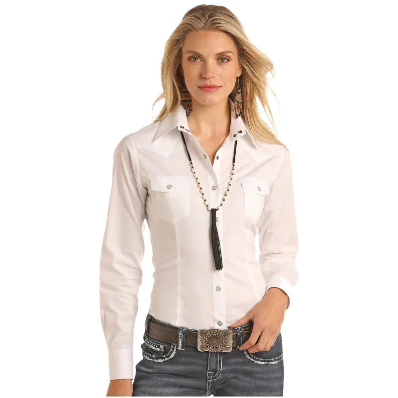 Panhandle Ladies Solid Poplin White Snap Shirt PWN2S04830-15-- Cozy Warm Stylish