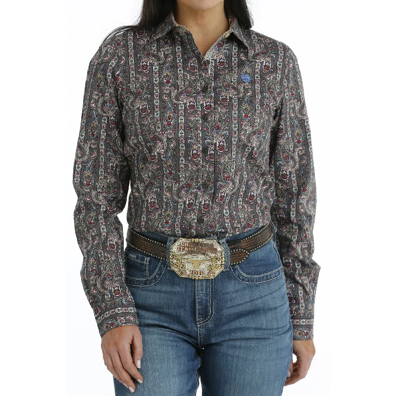 Cinch Ladies Paisley Grey Button Down Shirt MSW9165047-- Lace Blend Ribbed Blend Corduroy Blend