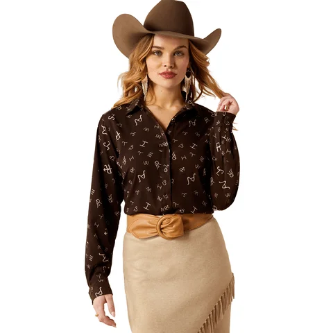 Ariat Women's Homestyle Mole Ranch Brand Print Long Sleeve Shirt-- Oversized T-Shirt Spandex breathable