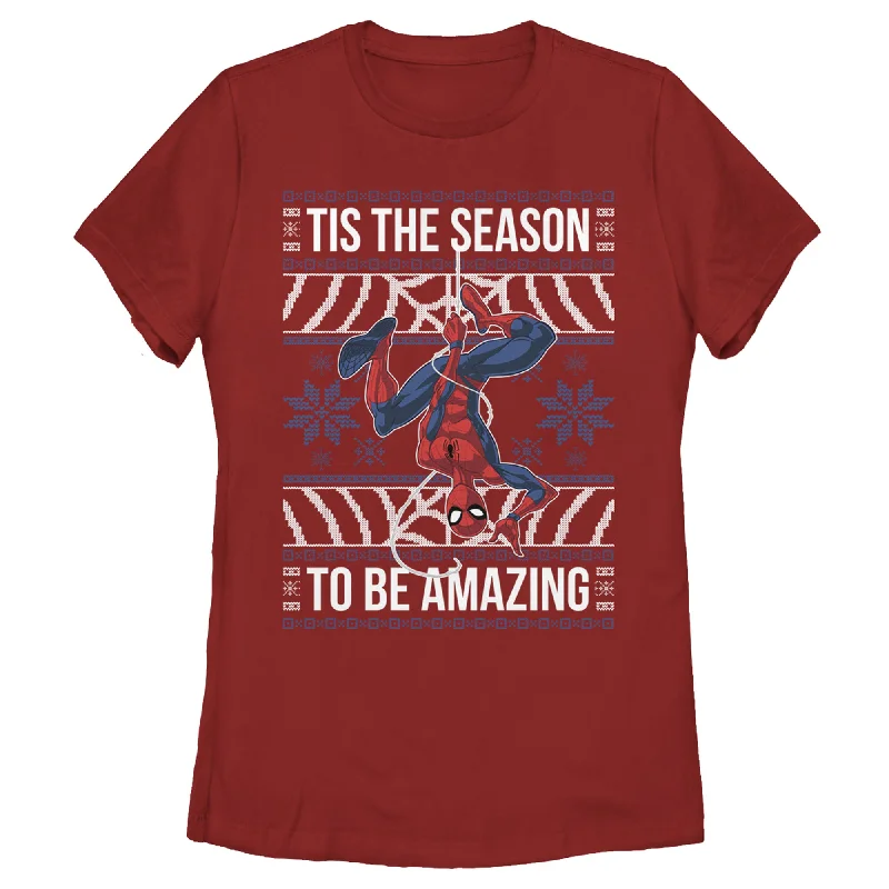Women's Marvel Ugly Christmas Spider-Man Season T-Shirt-- Real Fur Shearling Chenille