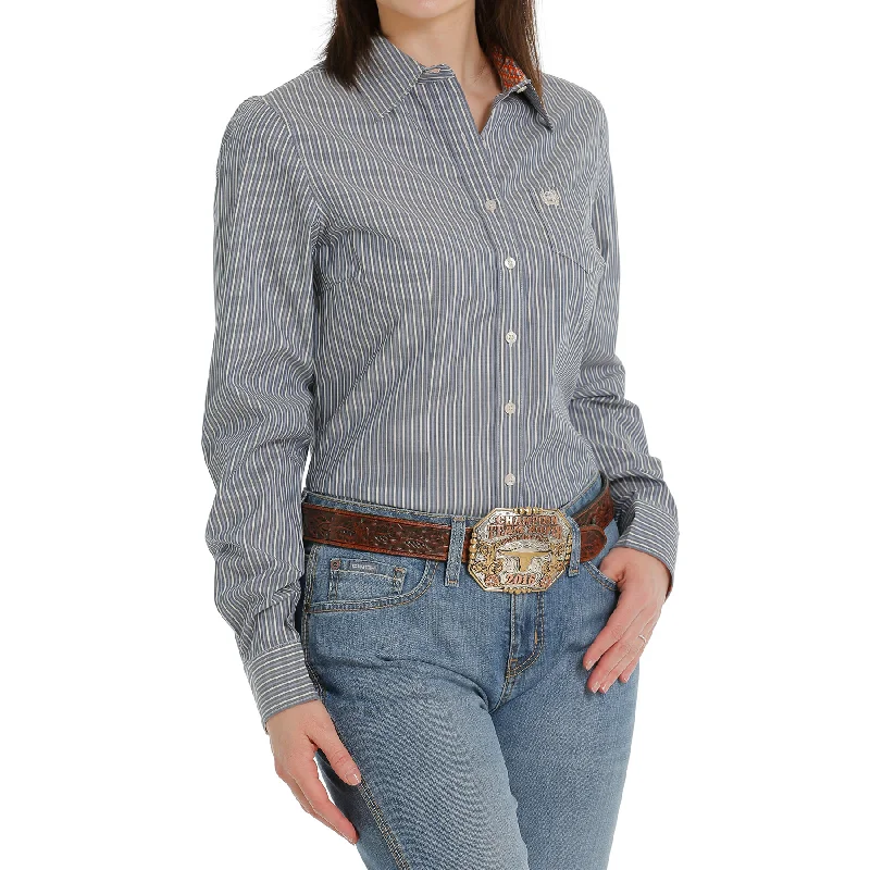 Cinch® Ladies Pinstripe Light Blue Button Down Shirt MSW9164196-- Elasticated Padded Insulated