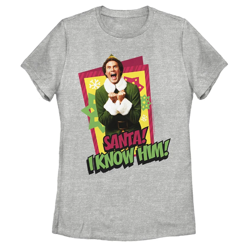Women's Elf Santa I Know Him Quote T-Shirt-- Striped Floral Plaid