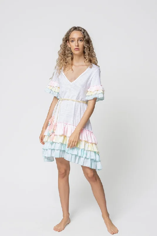 Ruffle Midi Dress Pastel - Ruffle Sleeve T-Shirt Dress White-- Terry Blend Velvet Blend Canvas Blend