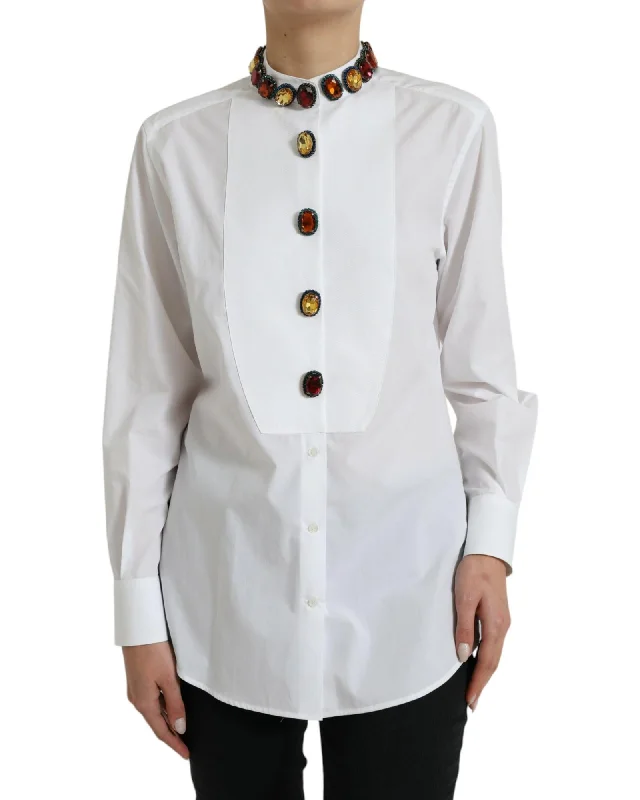Dolce & Gabbana  White Poplin Shirt with Jeweled Collar-- Boxy Fit Fitted Loose