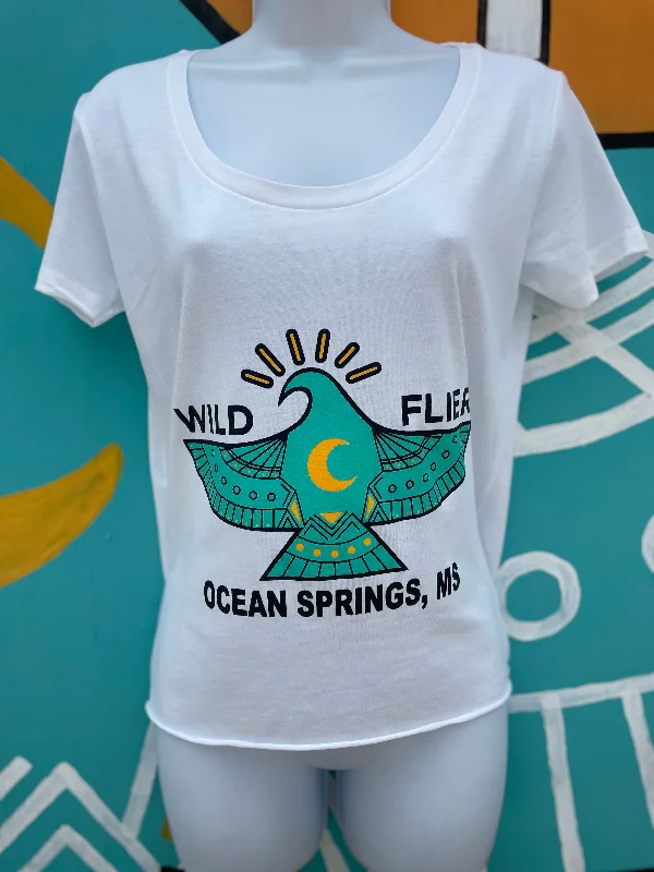 Wild Flier Logo Boat Neck Women’s T-Shirts-- Hooded Caped Shawl Collar