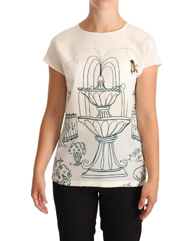 Dolce & Gabbana  Silk Printed T-Shirt - Garden Print - White-- Graphic Embroidered Appliqued
