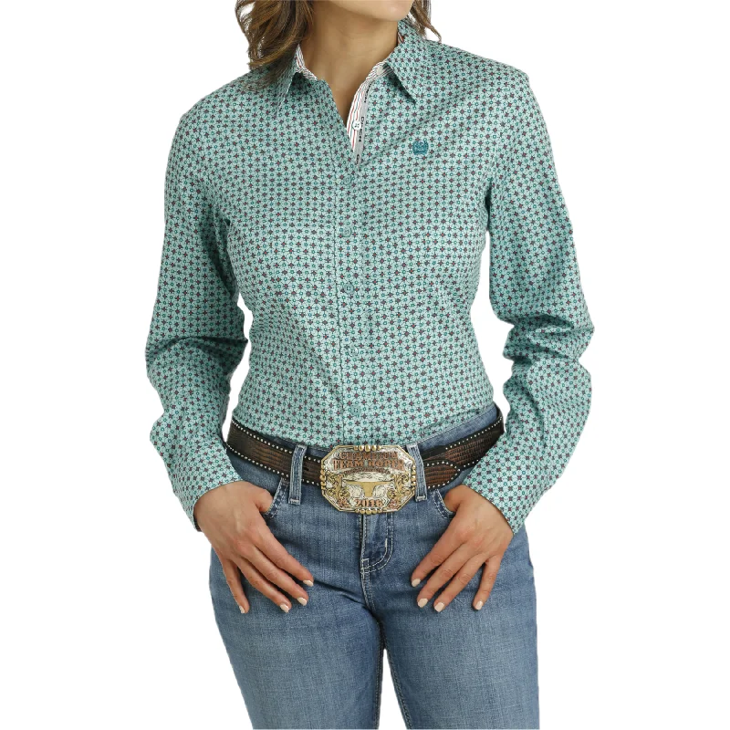 Cinch Ladies Light Blue Circle Print Button Down Shirt MSW9165051-- Hooded Caped Shawl Collar