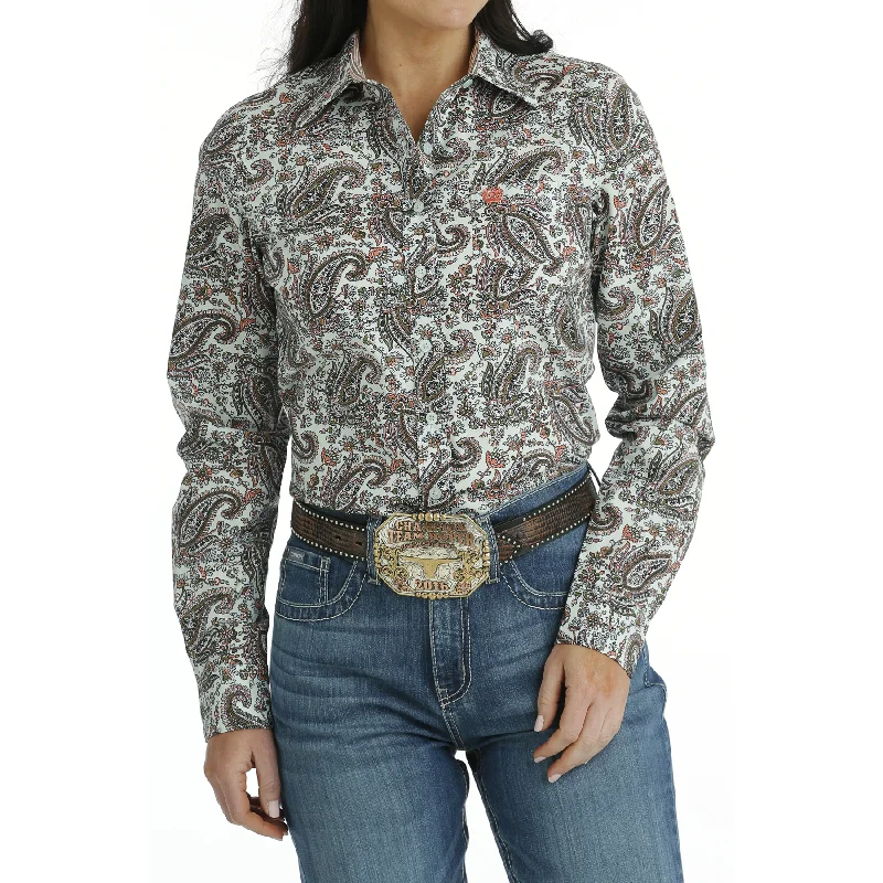 Cinch Ladies Light Blue Paisley Print Button Down Shirt MSW9164218-- Fitted T-Shirt Seamless Stretchy