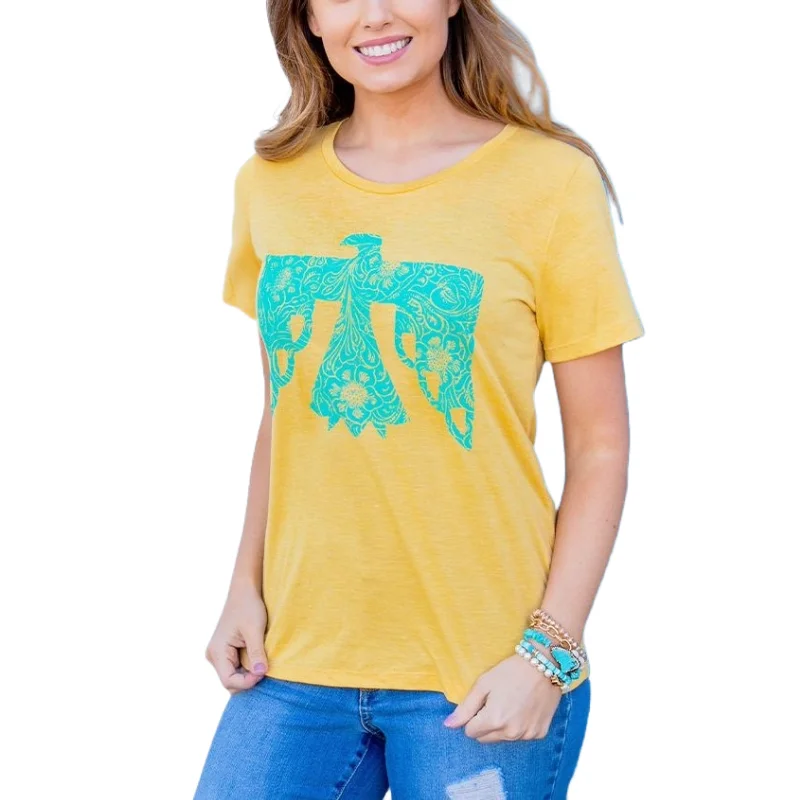 Daisy Rae Ladies Turquoise Tooled Thunderbird On Mustard Crew Neck T-Shirt 6000-TTT-- Embroidered Appliqued Beaded