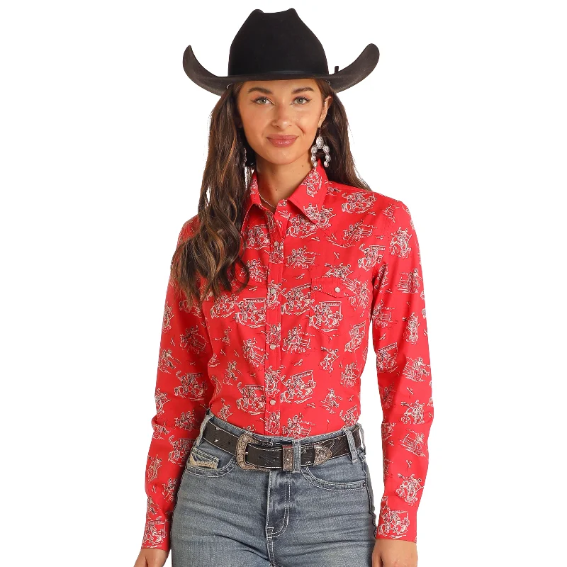 Panhandle Ladies Retro Cowboy Print Red Snap Button Down Shirt JWN2S05379-- Fleece Fabric Down Fabric Feather Fabric