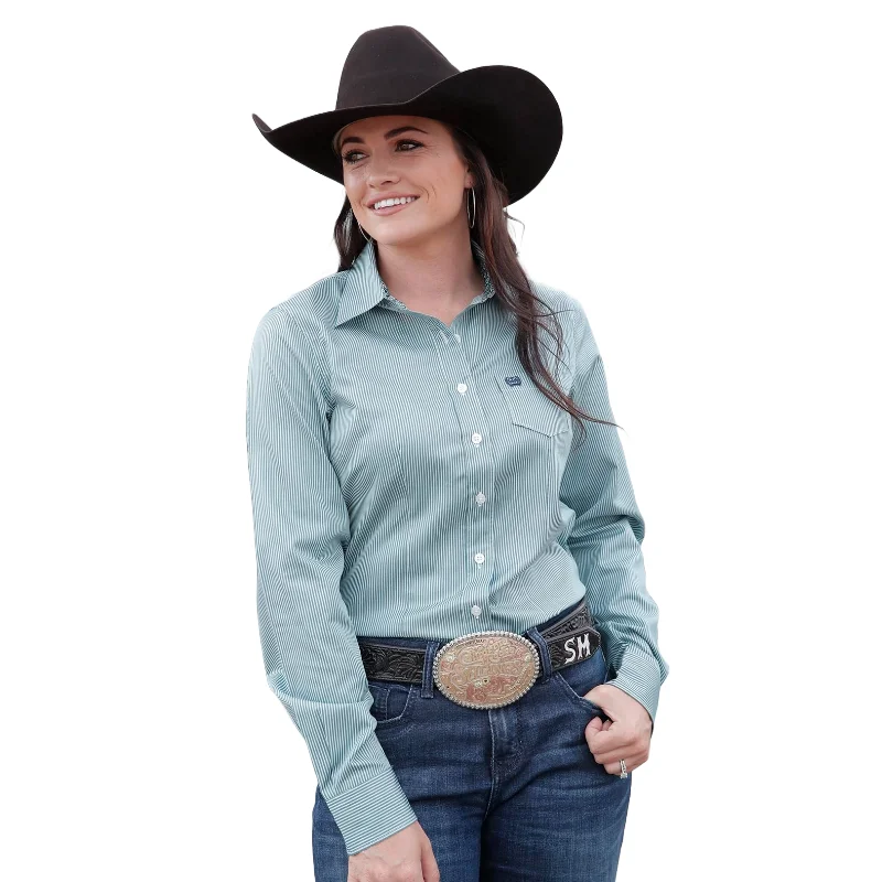Cinch Ladies Stripe Teal Long Sleeve Button Down Shirt MSW9164224-- Print Jacquard Patchwork