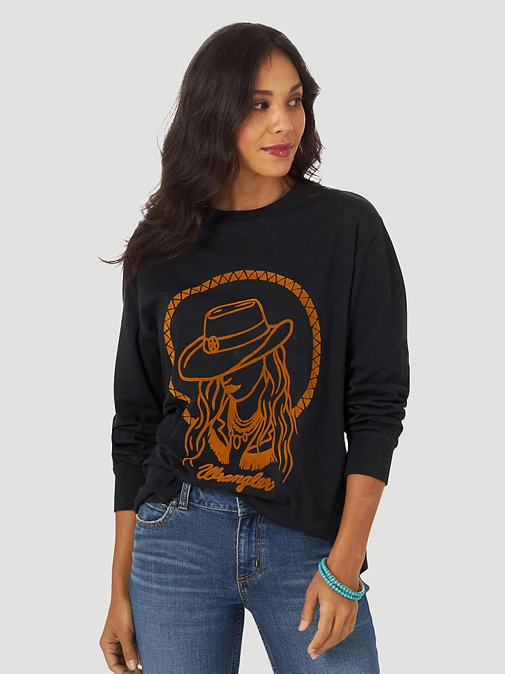 Wrangler Retro Women's Cowgirl Lasso Long Sleeve T-Shirt-- Chenille Brocade Lace