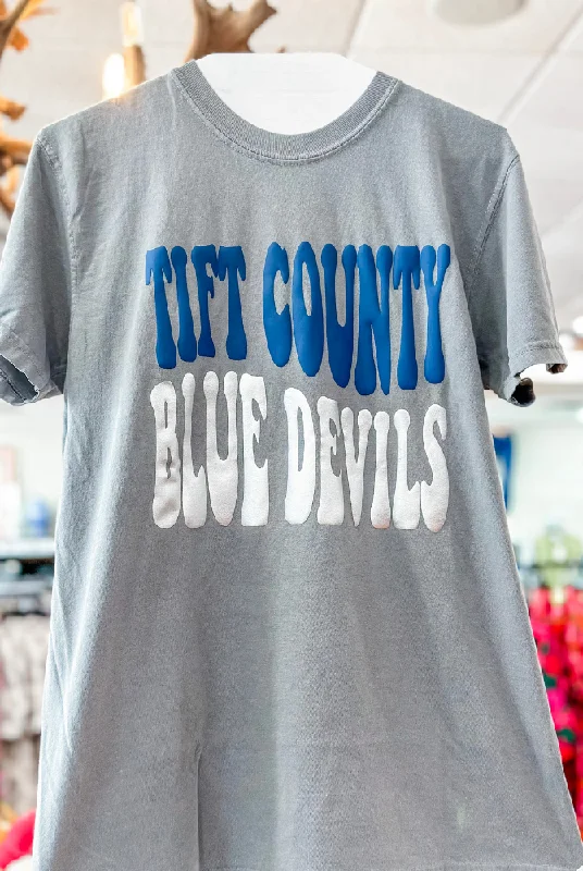 Tift County Blue Devils Retro Puff Vinyl T-Shirt-- Mesh Blend Leather Blend Suede Blend