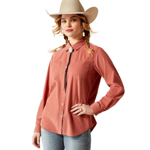 Ariat Women's Billie Jean Corded Light Mahogany Long Sleeve Shirt-- Houndstooth Herringbone Solid