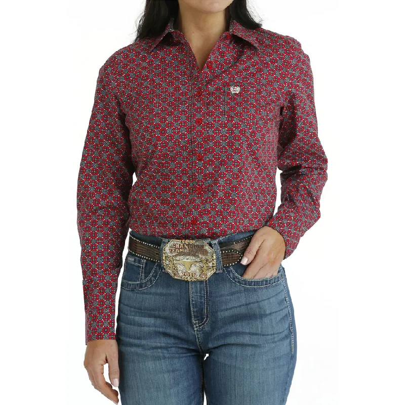 Cinch Ladies Medallion Print Red Button Down Shirt MSW9164219-- Polka Dot Checkered Tartan