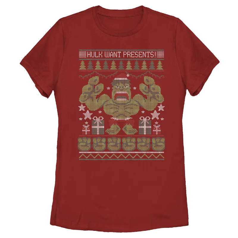 Women's Marvel Ugly Christmas Hulk Want Presents T-Shirt-- Collared Crew Neck Turtle Neck