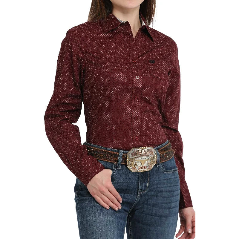 Cinch Ladies Mini Dotted Print Burgundy Button Down Shirt MSW9164232-- Casual Formal Business