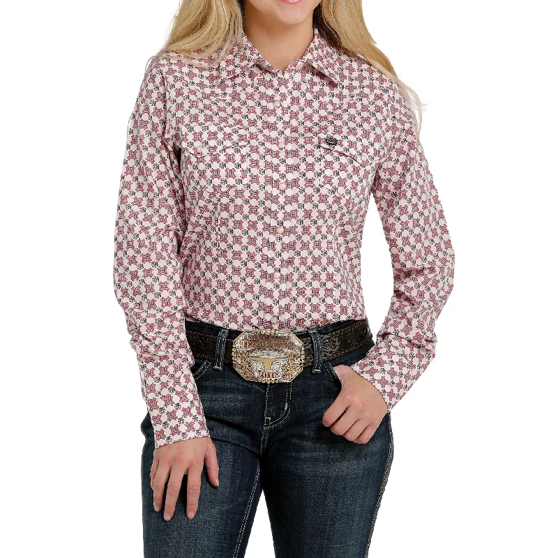 Cinch® Ladies White And Pink Cotton Weave Snap Down Shirt MSW9201030-- Polka Dot Checkered Tartan