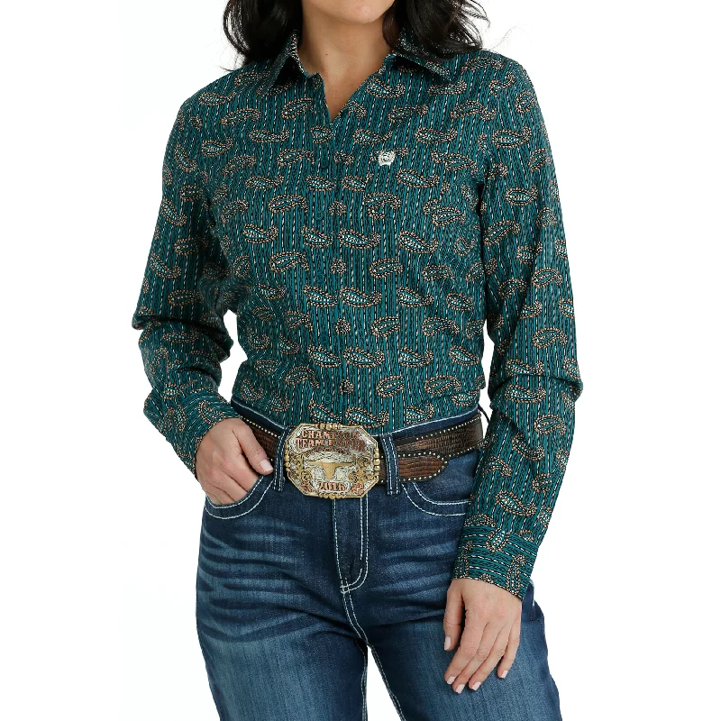 Cinch Ladies Teal Paisley Print Button Down Shirt MSW9164209-- Boxy Fit Fitted Loose
