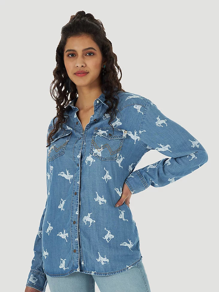 Final Sale ✨ Wrangler Retro Bronc Denim Snap Women’s Shirt-- Chenille Fabric Brocade Fabric Lace Fabric