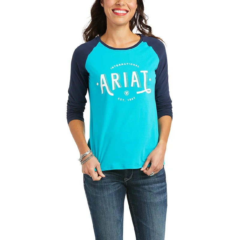 Ariat® Ladies Loop Blue and Navy Baseball Long Sleeve T-Shirt 10037295-- Spandex Blend Rayon Blend Denim Blend