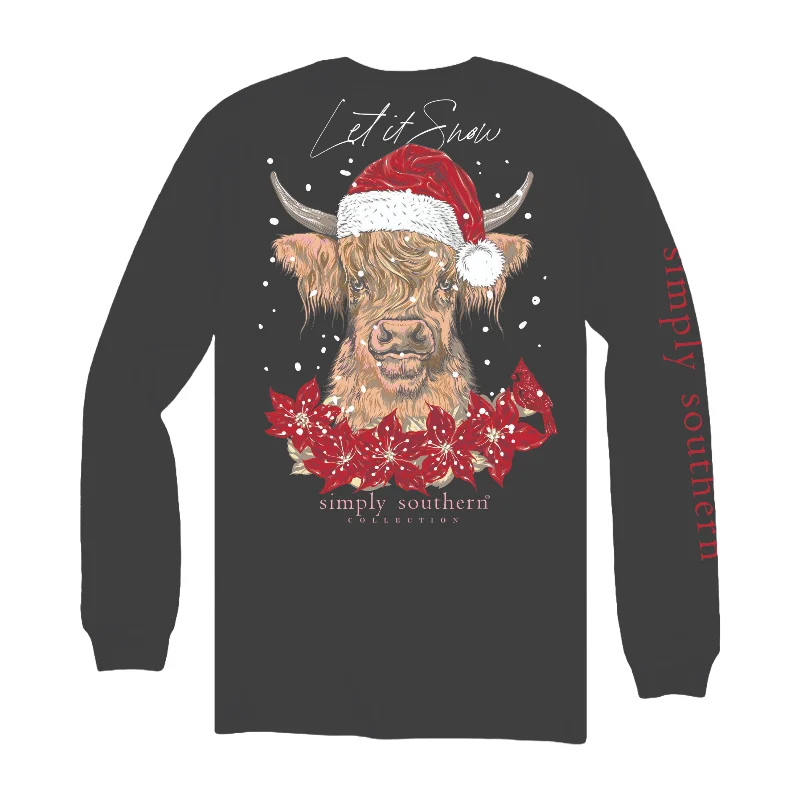 Simply Southern Ladies Snow Cow Graphic Black T-Shirt LS-SNOWCOW-BLACK-- Satin Fabric Silk Fabric Chiffon Fabric