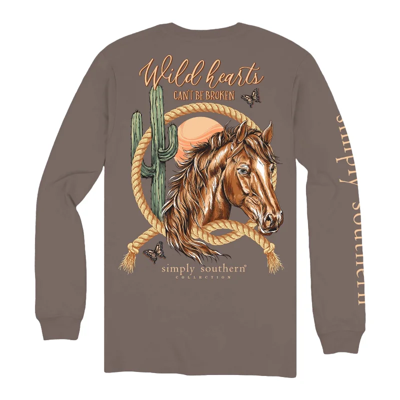 Simply Southern Ladies Wild Heart Mocha Brown T-Shirt LS-WILDHRT-MOCHA-- Notch Collar Peter Pan Collar Cowl Neck