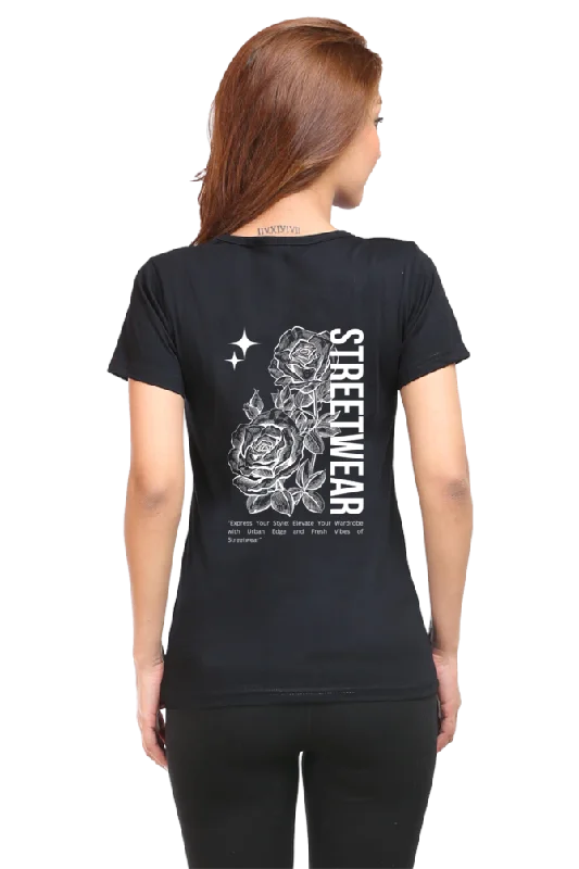 "Streetwear" Back Printed Women T-shirt | Stylish Women's Printed Tee | Comfortable Fit, Perfect for Everyday Wear and Gifting-- Notch Collar Peter Pan Collar Cowl Neck
