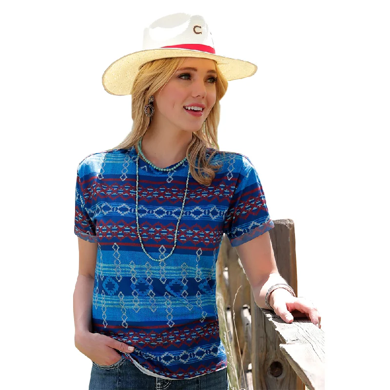 Cinch Ladies Blue Aztec Printed T-Shirt CTK7351007-- Front Pockets Side Pockets Patch Pockets