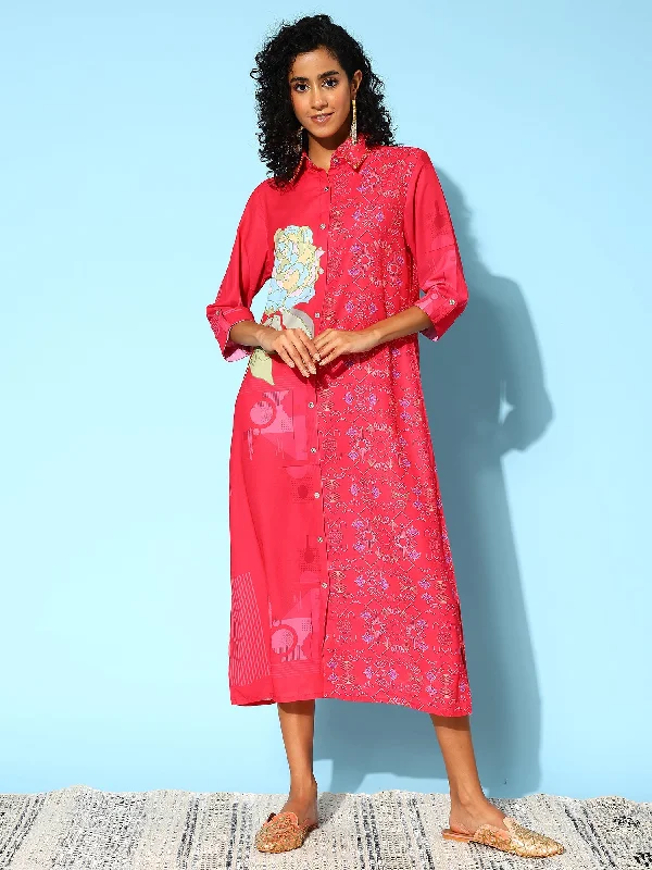 Women Floral Print Shirt Midi Dress - Taantav-- Welt Pockets Slit Pockets