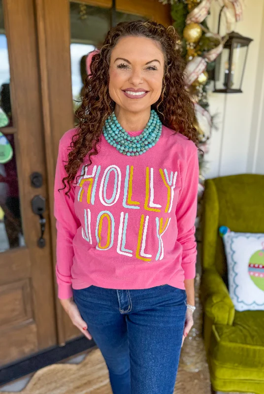 Holly Jolly Long Sleeve T-Shirt in Neon Pink-- Cotton Fabric Linen Fabric Terry Fabric