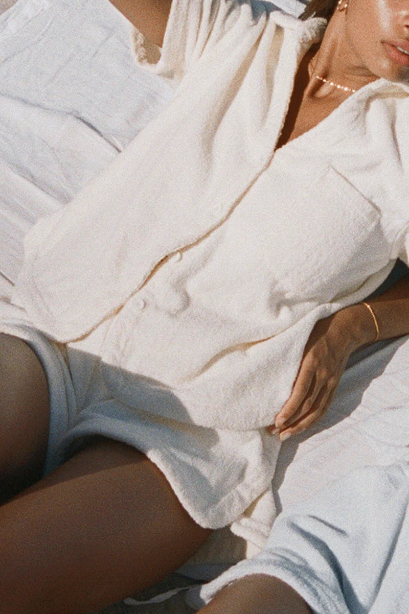 Terry Resort Shirt in White-- Wool Fabric Cashmere Fabric Tweed Fabric