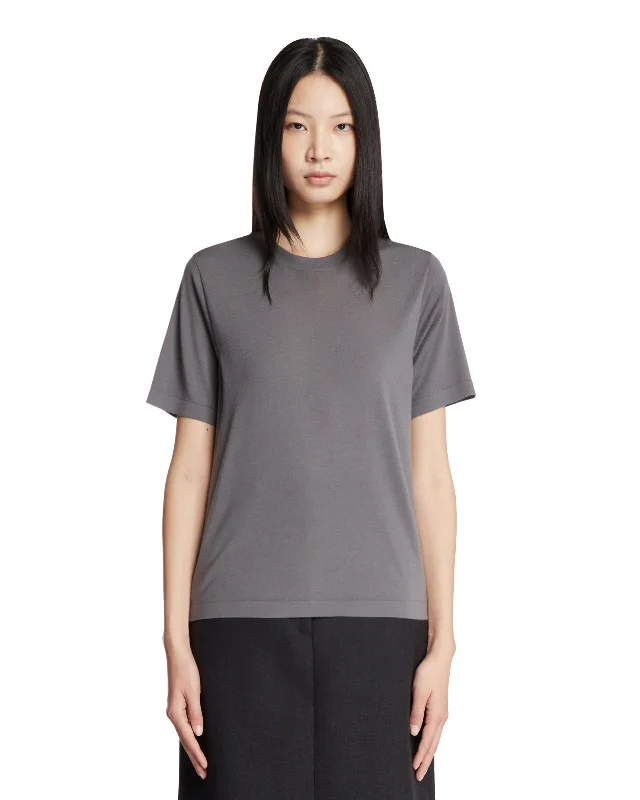 T-Shirt Grigia In Lana-- Silk Blend Satin Velvet