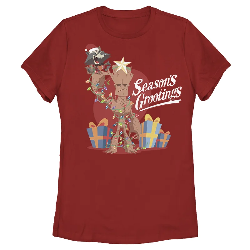 Women's Marvel Christmas Groot & Rocket Season Grooting T-Shirt-- Nylon Fabric Polyester Fabric Spandex Fabric