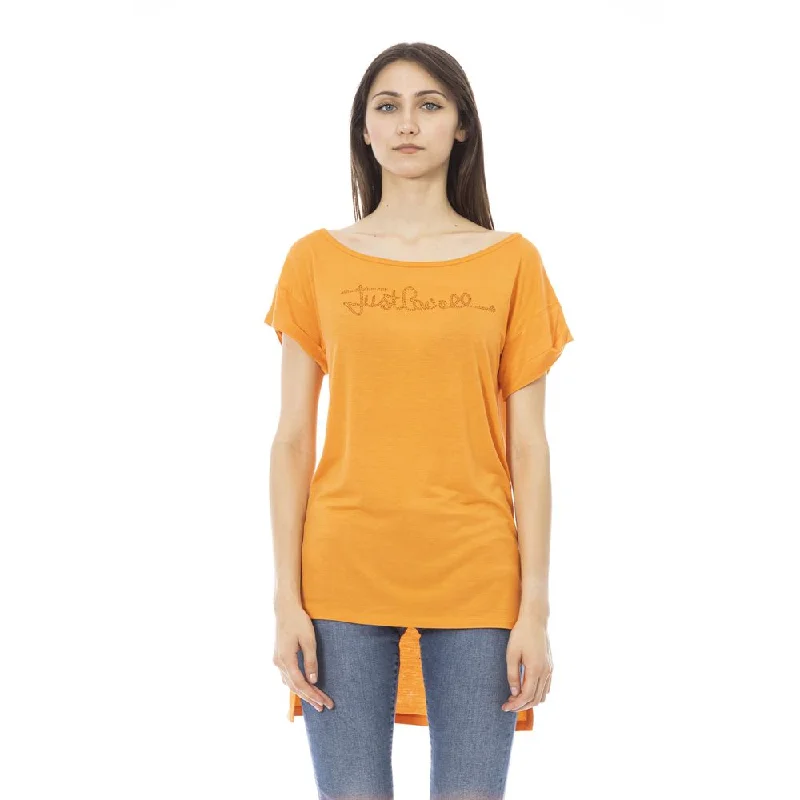 Just Cavalli Orange Cotton Women Women's T-Shirt-- Solid Color Striped Floral