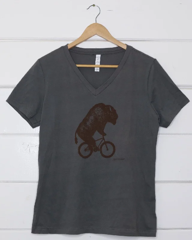 Bison V-Neck Women's T-Shirt-- Terry Blend Velvet Blend Canvas Blend