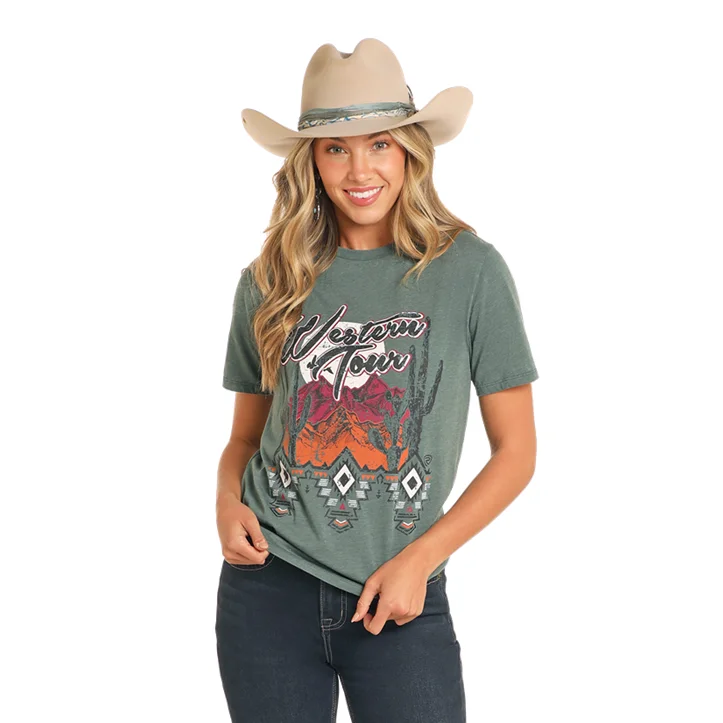 Rock & Roll Denim Ladies Teal Western Tour Graphic T-Shirt BW21T04525-- Silk Blend Satin Velvet