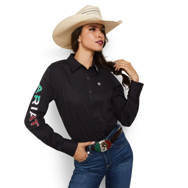 Ariat Women's Wrinkle Resist Team Kirby Stretch Black Mexico Long Sleeve Shirt-- Beaded Sequined Faux Fur