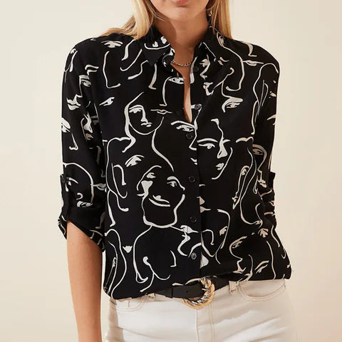 Mask Print Long Sleeve Women's Shirt-- Polka Dot Checkered Tartan