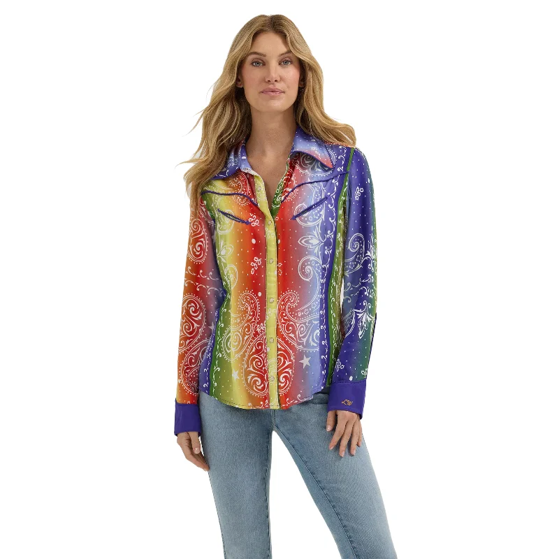 Wrangler Ladies Lainey Wilson Rainbow Bandana Snap Shirt 112360593-- Hooded Caped Shawl Collar
